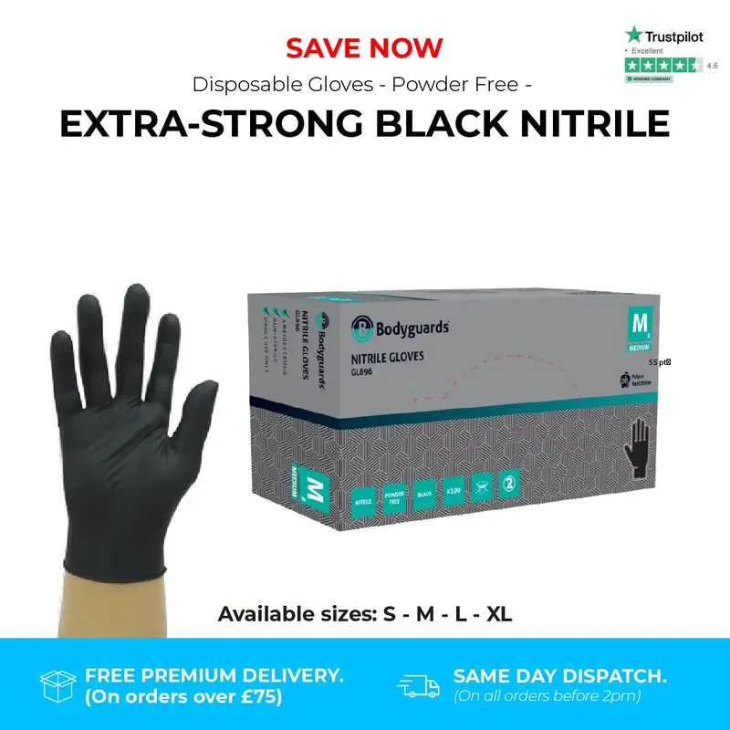 Heavy Duty Disposable Gloves – Black Nitrile – Powder Free – Bodyguards GL896® (500 Gloves, 5 Boxes) 1