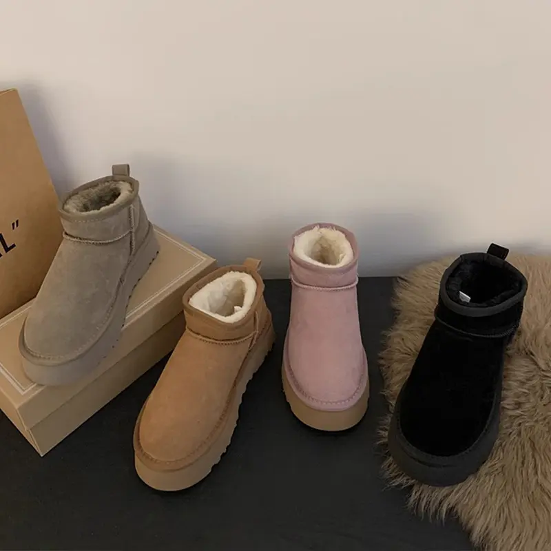 Thick-soled snow boots for women 2024 winter new sheepskin fur integrated short boots warm and non-slip cotton shoes for women