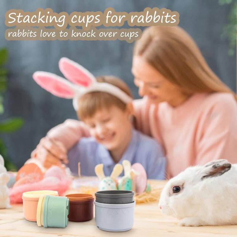 WALLFID 8 PCS Stacking Cups for Rabbits-Bunny Toys for Hiding Food and Playtime Fun,BPA-Free Safe Plastic Pet Toys,Multi-Coloured and Various Sizes 3