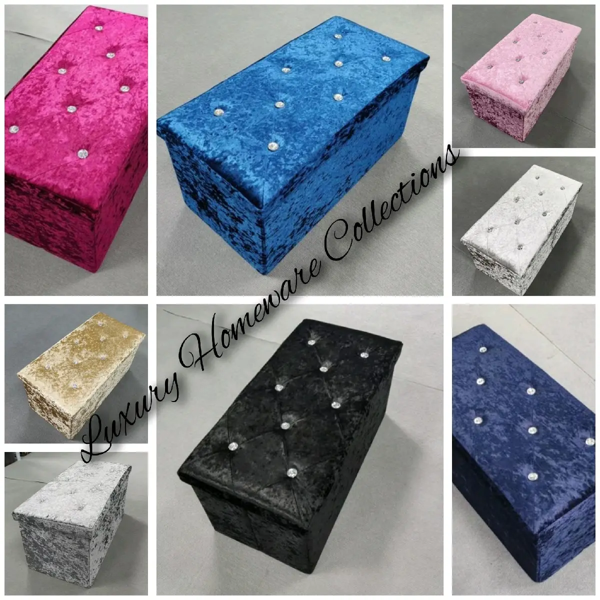 Large Size Luxury Ottoman Storage Box in Crush Velvet - 76x38x38cm - Dark Blue/Black/Lilac/Grey/Silver/Teal - Decor for Home and Office - Room, Organiser
