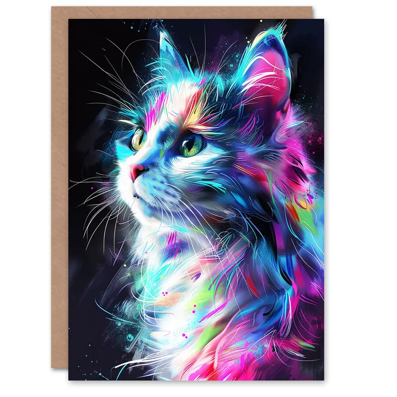Birthday Card Colourful Neon Kitty Portrait Cat Lover Greeting Card 0