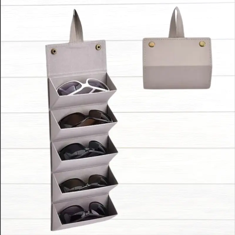 Sun Glasses Organiser - 5 Slot Foldable Travel Case with Handle - Portable Sunglasses Storage Box - High-Quality Faux Leather - Compact Design - 17x13x12 cm 3