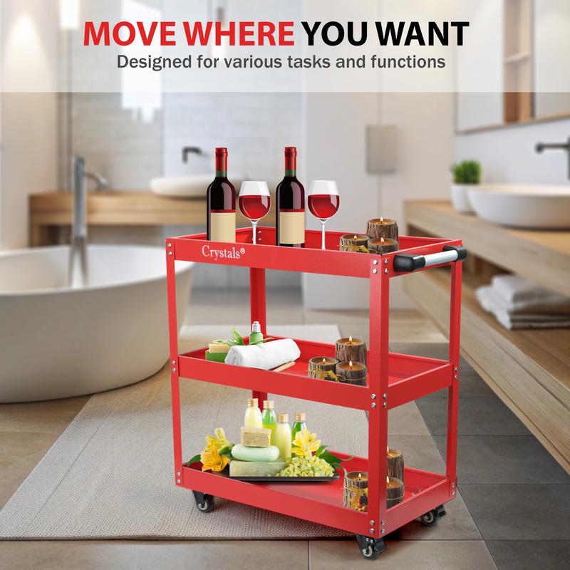 Crystals Heavy Duty Tool Trolley with 3-Tier Wheel Cart for Garage and Workshop Storage, DIY Red/Black 4