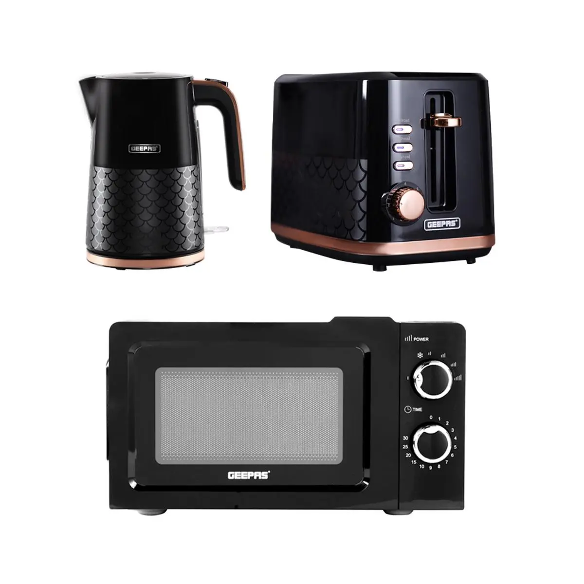 GEEPAS 700W Solo Manual Microwave 3kW 1.7L Electric Kettle 2 Slice Bread Toaster