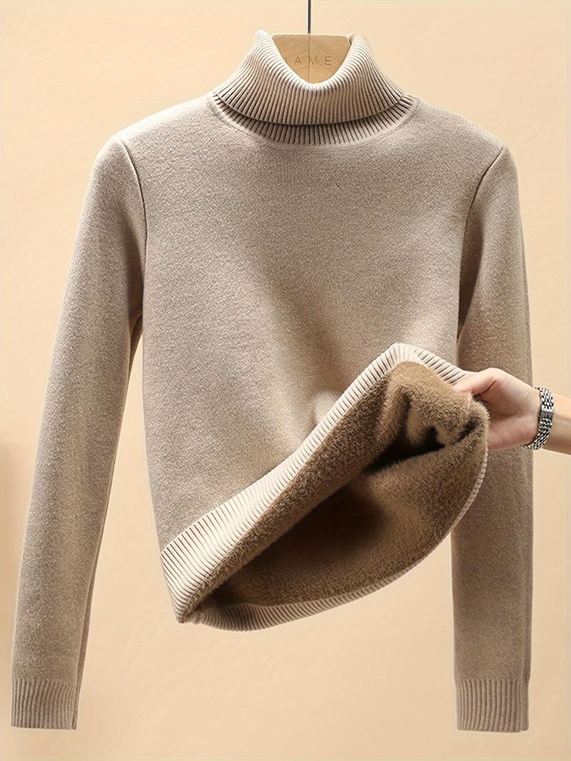 Product Introduction of Women's Thickened Fleece Lined Slim Fit Top, Warm Turtleneck Pullover, Casual Style Long Sleeve Base Layer Top For Winter Knitwear Womenswear Underwear Comfort Lady Knitting 2