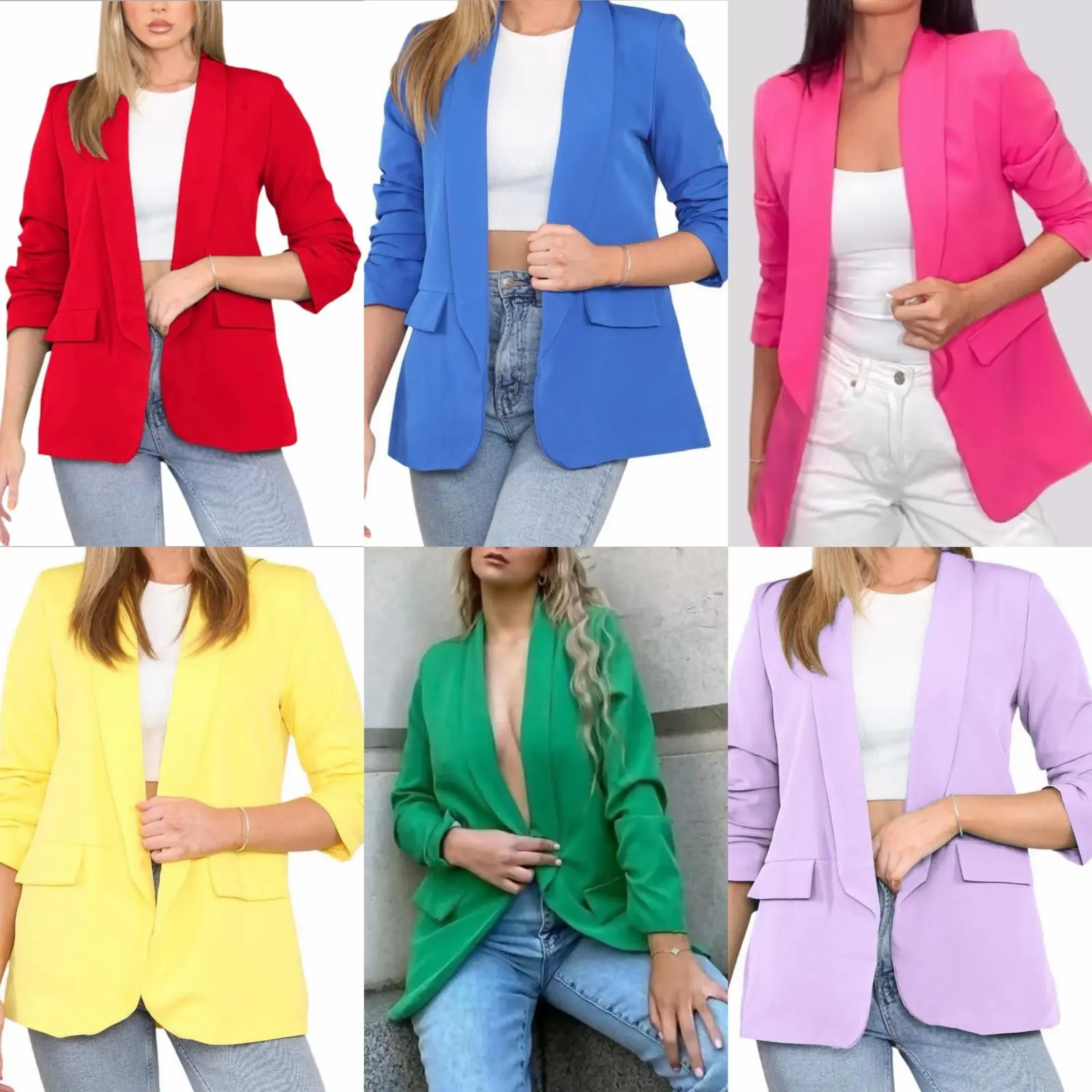 Ladies Ruched Sleeve Casual Plain All Season Blazer With Side Pockets Collared Womenswear