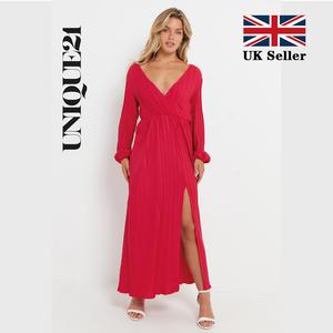 [UK Size 8-24] V-NECK PLEATED BALLOON SLEEVE MAXI DRESS