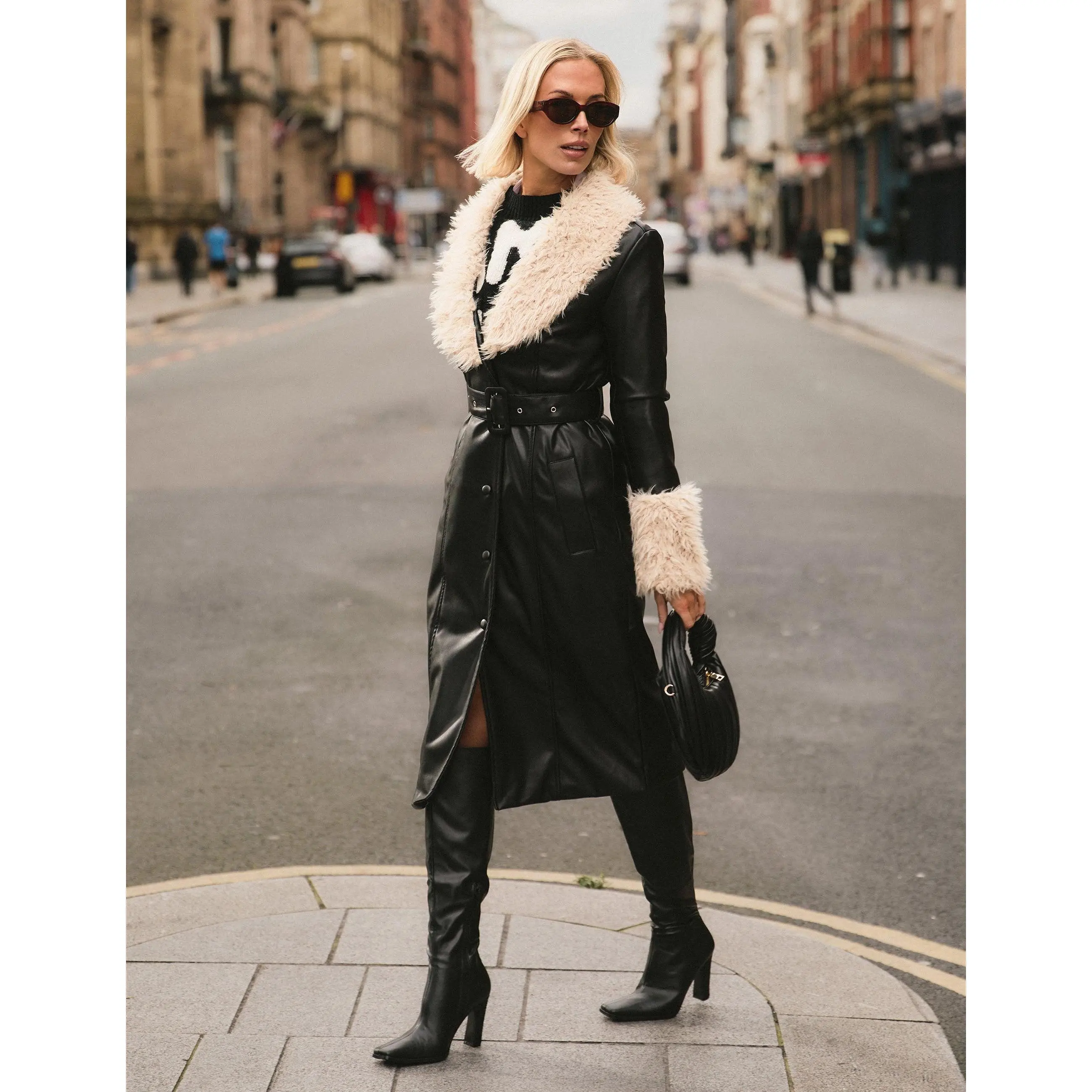 Faux Fur Trim Belted Faux Leather Trench Coat Black