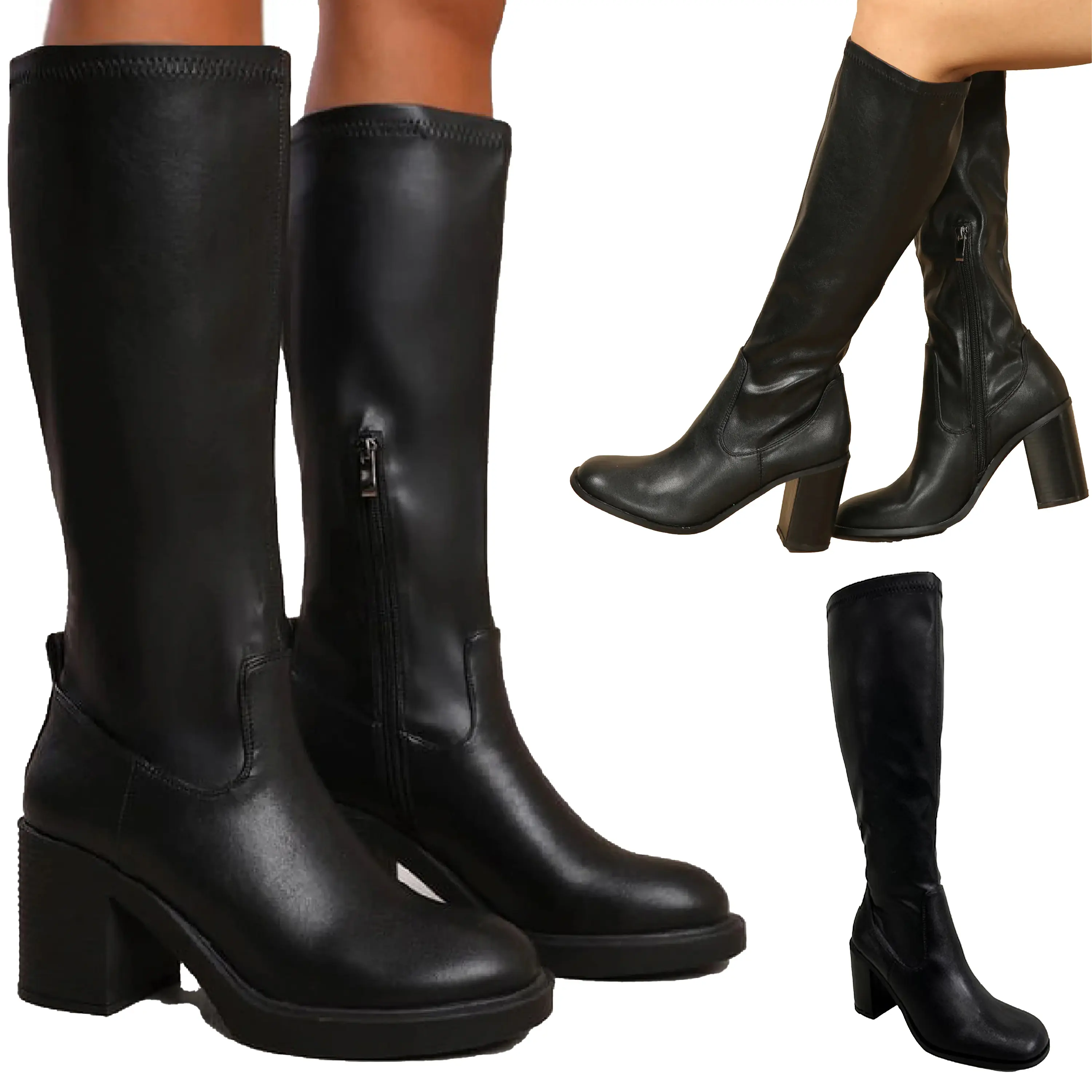 Women's Wide Calf Stretch Boots, Block Heel With Round Toe, Mid Heel With Square Toe Footwear Girl Walking Shoes Shoe Comfort Pu Winter Nylon Nail Bridal Elegant autumn