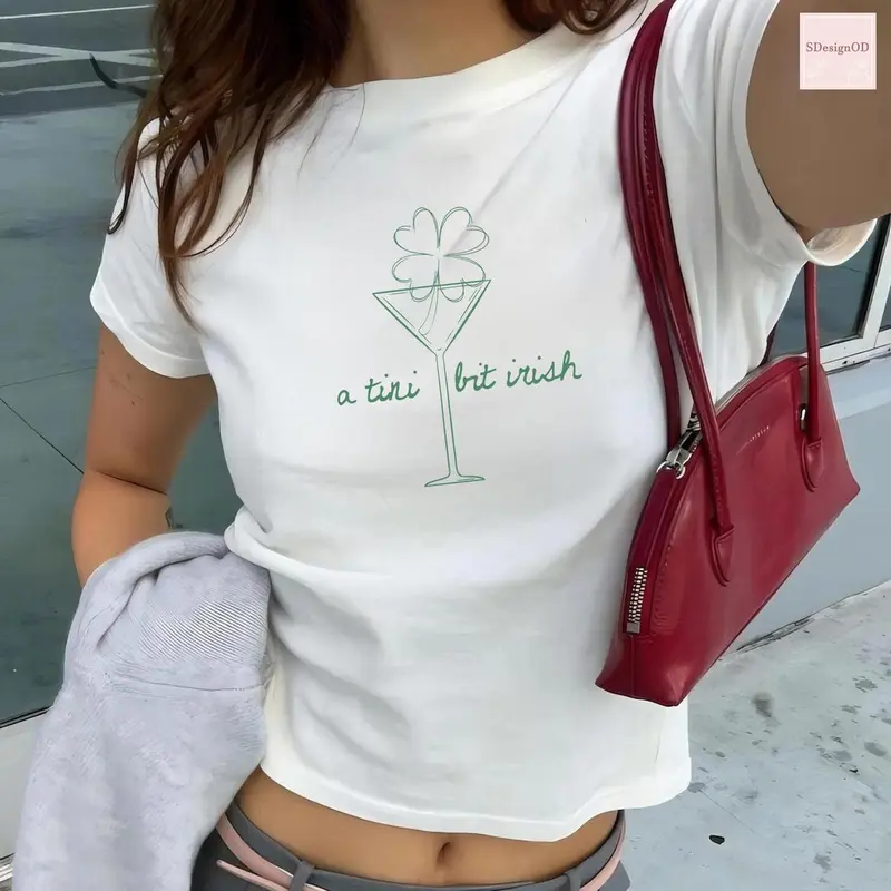 A Tini Bit Irish Baby Tee - St Patricks Day Outfit, Green Martini Unisex Cotton Crop Top, Funny Irish Drinking Gift 0