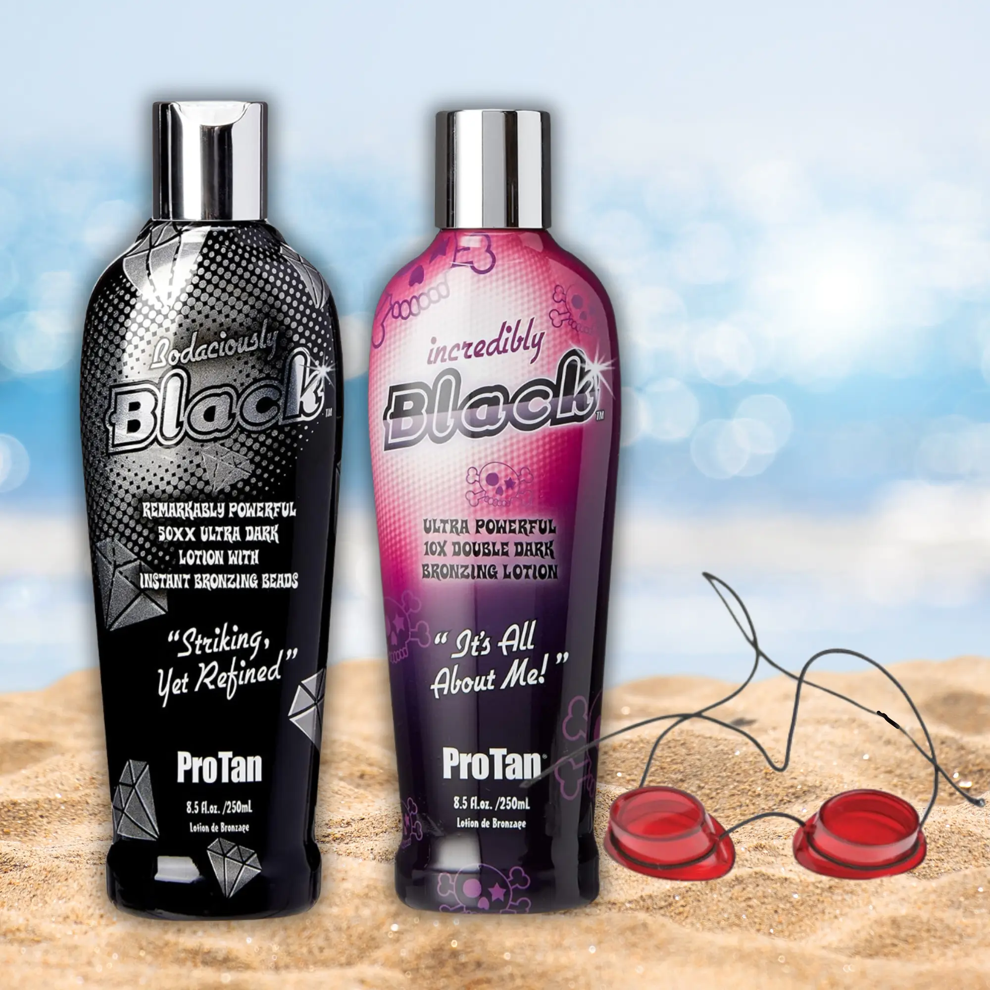 Protan Ultimate Tanning Bundle - Black Bodaciously Remarkably Powerful 50XX Ultra Dark Sunbed Lotion (250 ml) & Incredibly Black Ultra Powerful 10X Double Dark Lotion (250 ml) with Red Sunbed Goggles