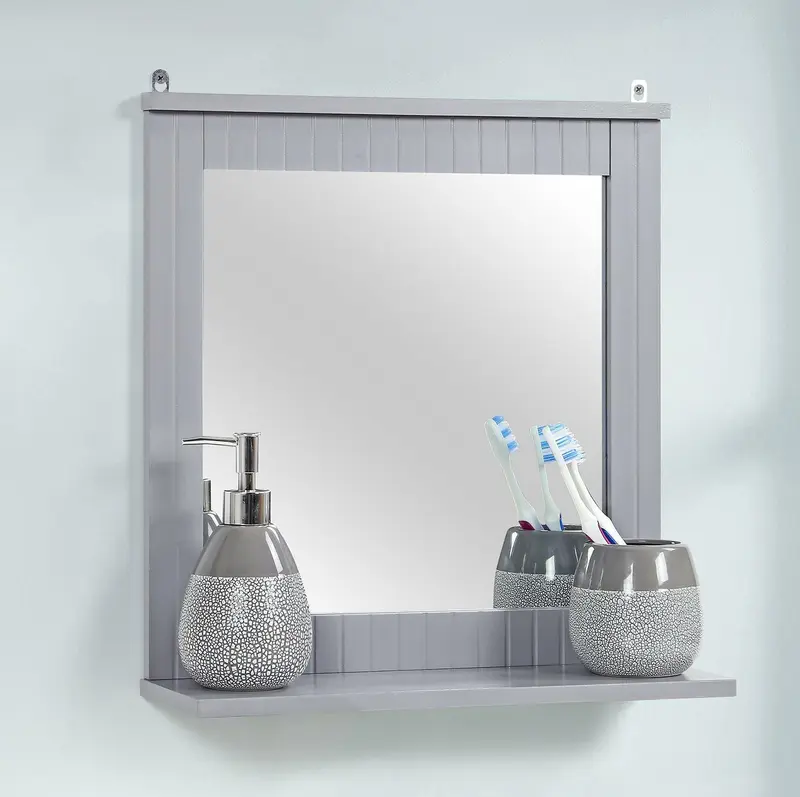 WOOD FRAMED WALL MOUNTED BATHROOM MIRROR W/ COSMETIC SHELF VANITY MIRROR, Living Room or Bathroom, 40cm x 13cm x 42.5cm 1