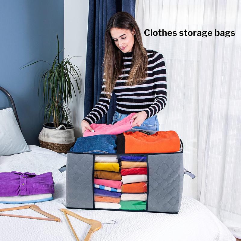 Product Introduction of Large Clothes Storage Bags – Sturdy Fabric Closet Organiser – Foldable Storage Solution for Closet or Underbed – Storage Bin with Reinforced Handles – 5pcs, Grey 90L Capacity 3
