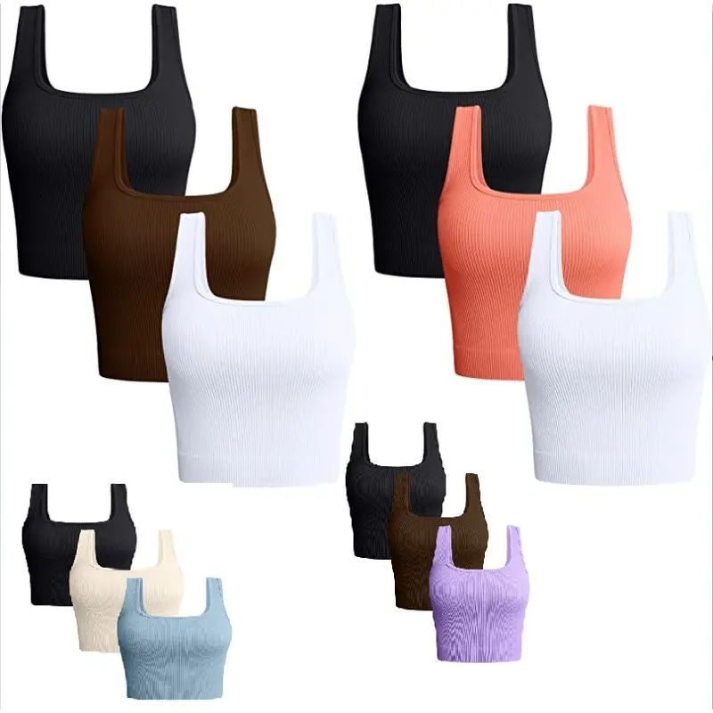 Women's 3 Piece Barbiestyle Tank Tops Ribbed Seamless Workout Exercise Shirts Yoga Crop Tops
