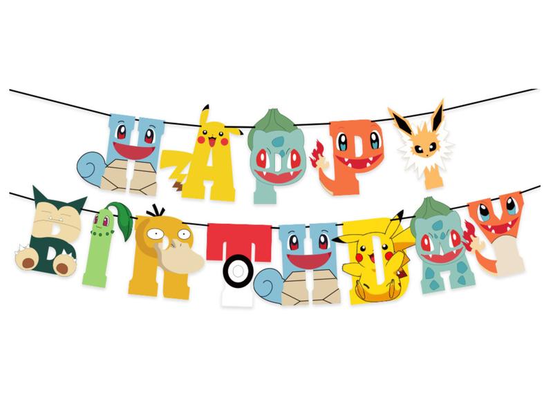 Pokemon Birthday Banners, Anime Cartoon Squirrel Pikachu Happy Birthday Letter Banner Outdoor, Pokemon Balloons 1