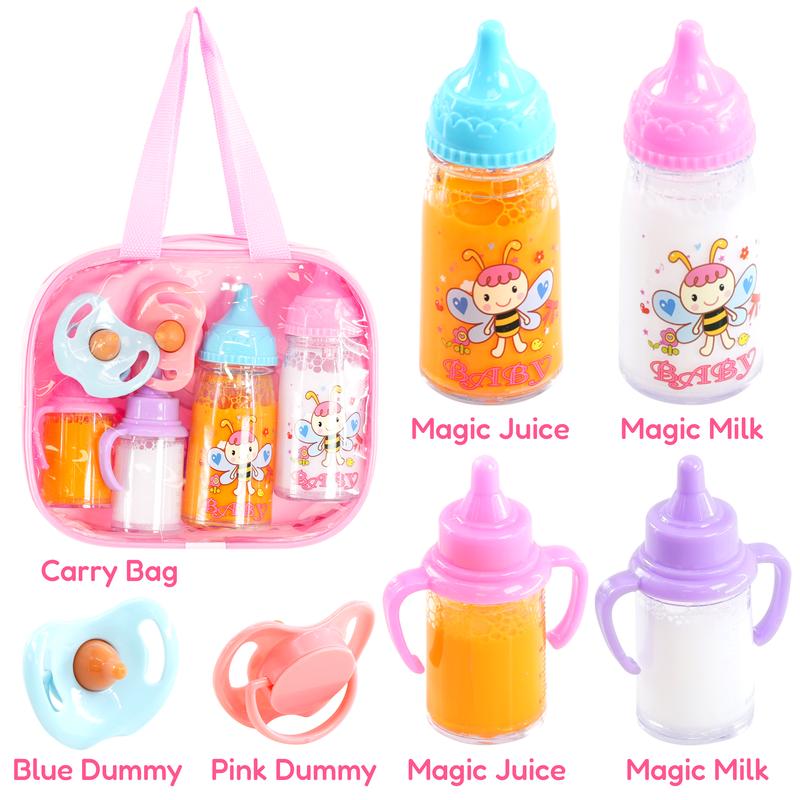 BiBi Doll 7-In-1 Baby Doll Accessories Set – Baby Dolls Bottles With Disappearing Milk And Juice, Carry Bag, Dummies – Magic Milk Bottle Baby Doll Dummy Baby Doll Feeding Set Baby Doll Bottle 6