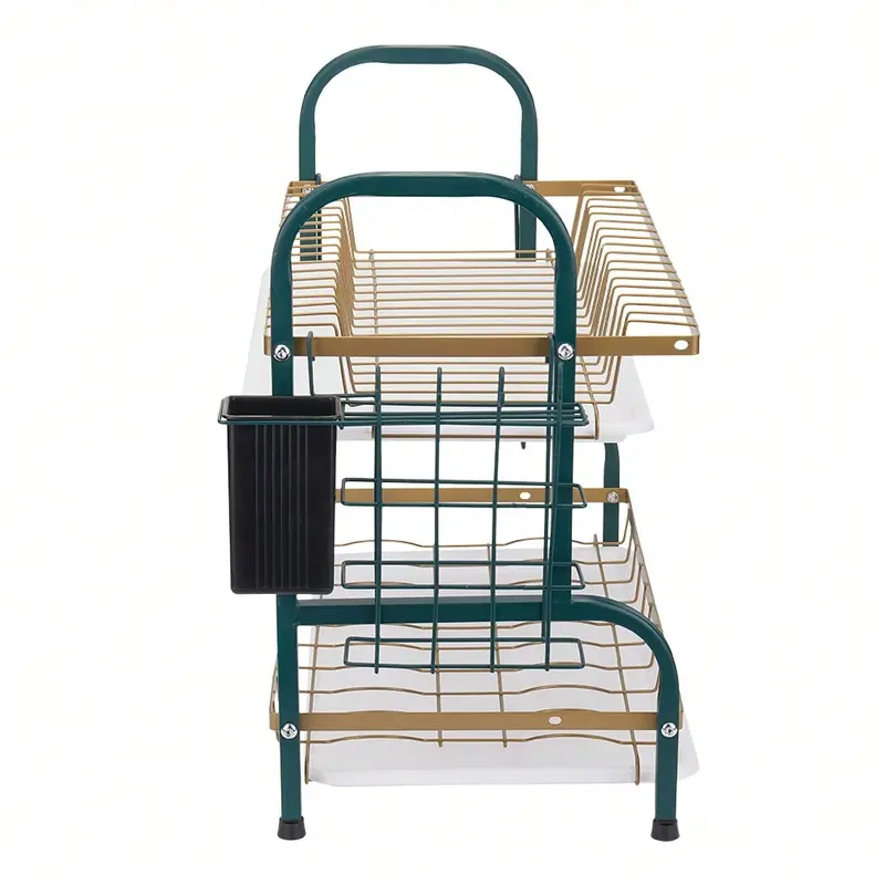 MILAN GOLD  2 Tier Dish Drainer Rack,Stainless Steel Dish Drying Rack,Kitchen Organizer Storage Shelf With Drainboard,Cutlery Holder,Cutting Board Holder,Knife Cup Utensil Holder 8