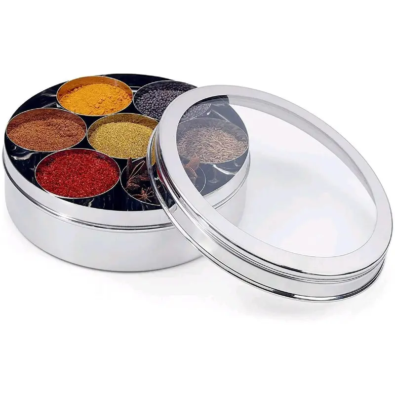 No.11 9pc Authentic Indian | Stainless Steel Spices Box | Masala Dabba Storage with See Through Clear Lid Kitchen Seasoning Utensil 2