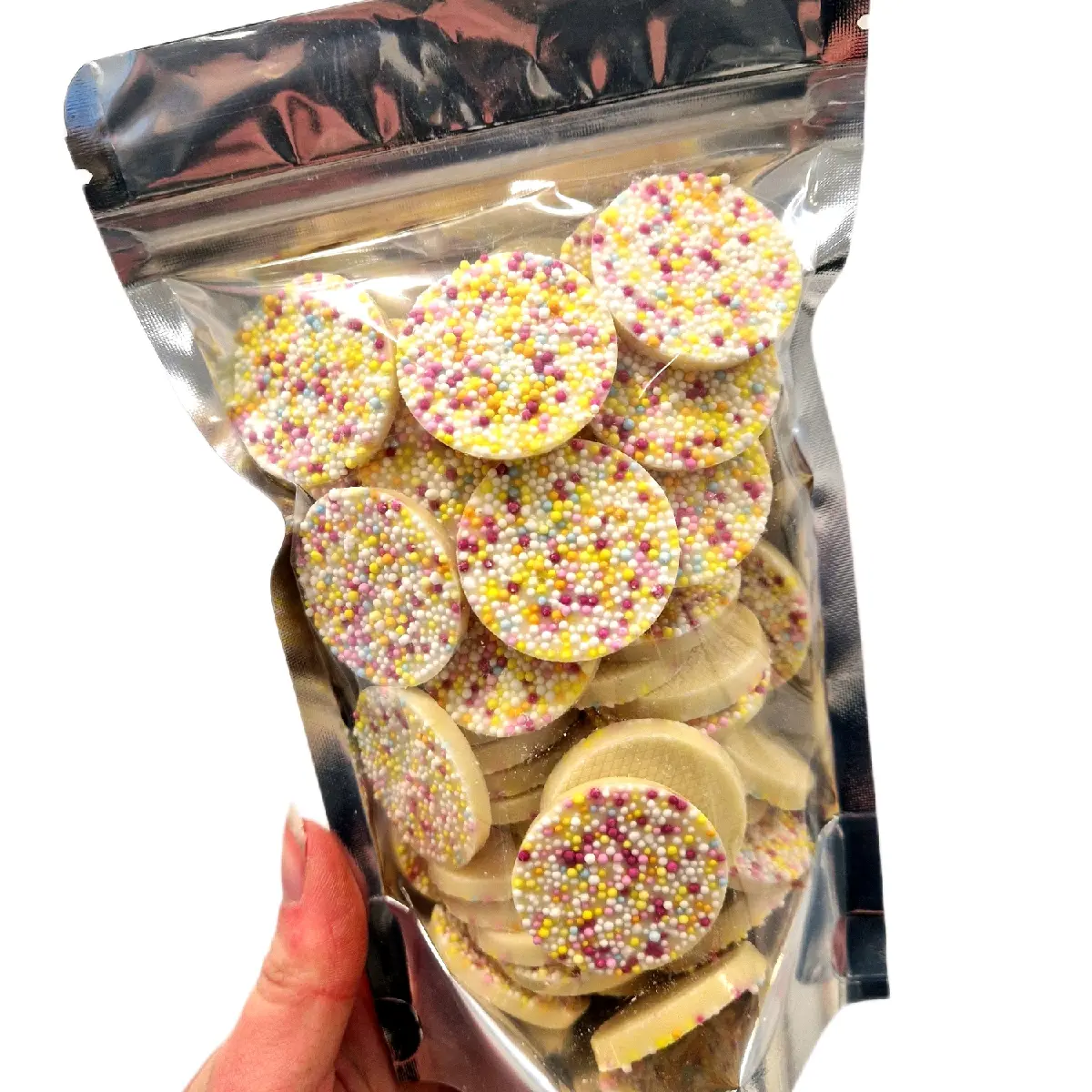 Hannah's White Mega Jazzies - 300g Pouch of White Chocolate Flavour Candy Discs Pick n Mix Sweets - Snack, Bonbon