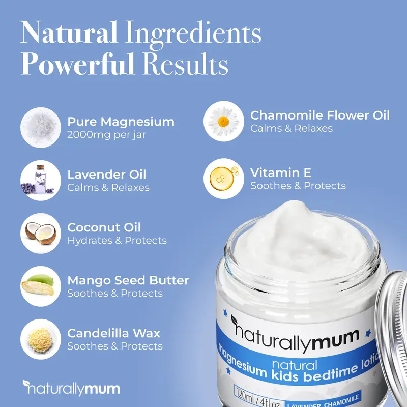 NaturallyMum Kids Magnesium Bedtime Lotion, Lavender & Chamomile, 120ml - Supports Sleep, Heart, Bone, Nerve, Gut and Muscle Health 2