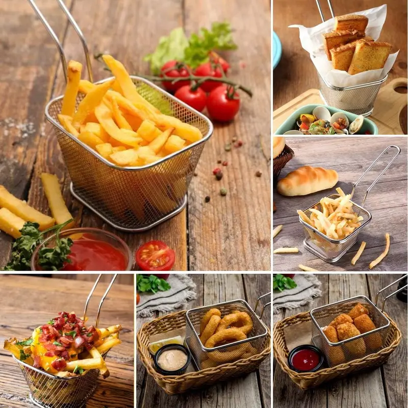 Chip Serving Frying Baskets Mini Chip Baskets with Handle 8Pcs Chef Chrome Fry Basket Set,Stainless Steel French Fry Cooking Tapas Food Presentation Gadget Tool for Shrimps Onion Rings Kitchen Oil Utensils 4