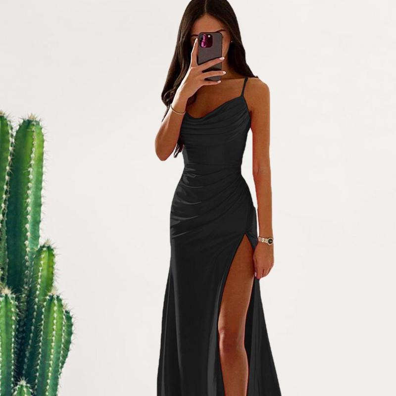 Product Introduction of Summer Women's Sexy Vintage Tulle Long Dress  Spaghetti Strap Satin Pleated Low-cut V Neck High Split dress Party Gown Ball 3