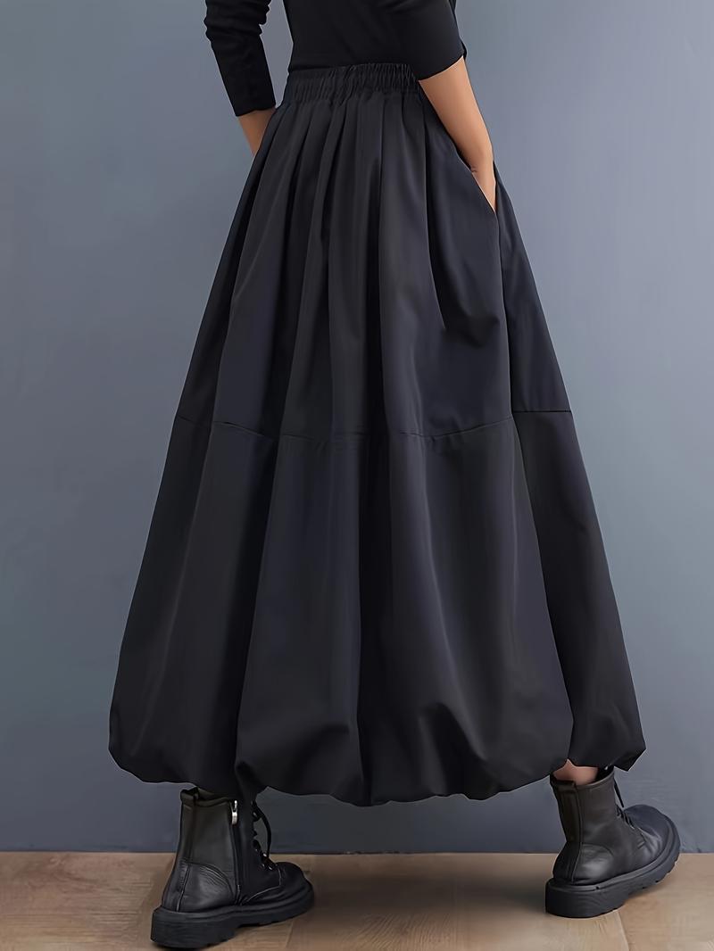 Product Introduction of Women's Elegant Black Maxi Skirt - Solid Color, A-Line Silhouette with Pockets, Polyester, Machine Washable, Ideal for Spring/Summer 0