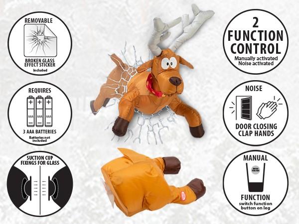 Celebright Christmas Crashing Reindeer Animated Decoration - Festive Fun as Rudolph Smashes Through Your Window & Kicks His Legs As He Tries To Wiggle Free - Fits Any Window 2
