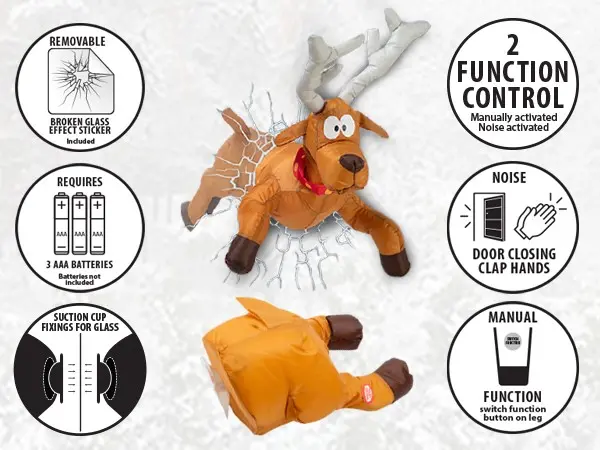 Celebright Christmas Crashing Reindeer Animated Decoration - Festive Fun as Rudolph Smashes Through Your Window & Kicks His Legs As He Tries To Wiggle Free - Fits Any Window 1
