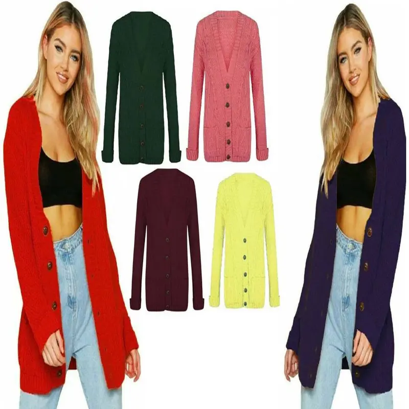 Women Ladies Long Sleeve Button Top Chunky Aran Cable Knitted Grandad Cardigan 8-22 Fit Knitwear Winter Casual 1