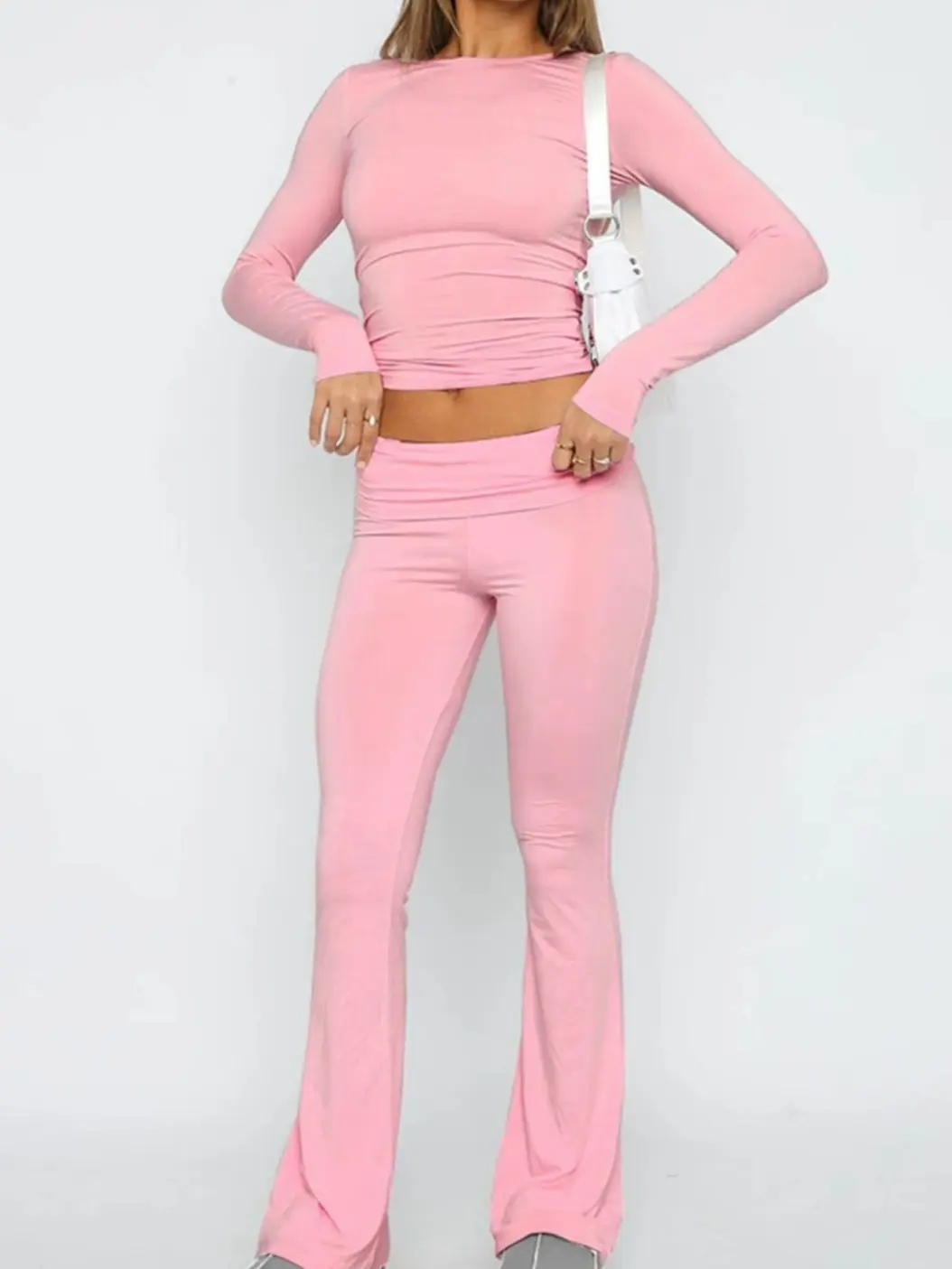 SheComfy Women's Solid Long Sleeve Crop Tee & Flare Leg Skinny Pants Loungewear Set, Casual Round Neck Top & Bell Bottom Leggings, Sleepwear Set for Women Long Sleeve