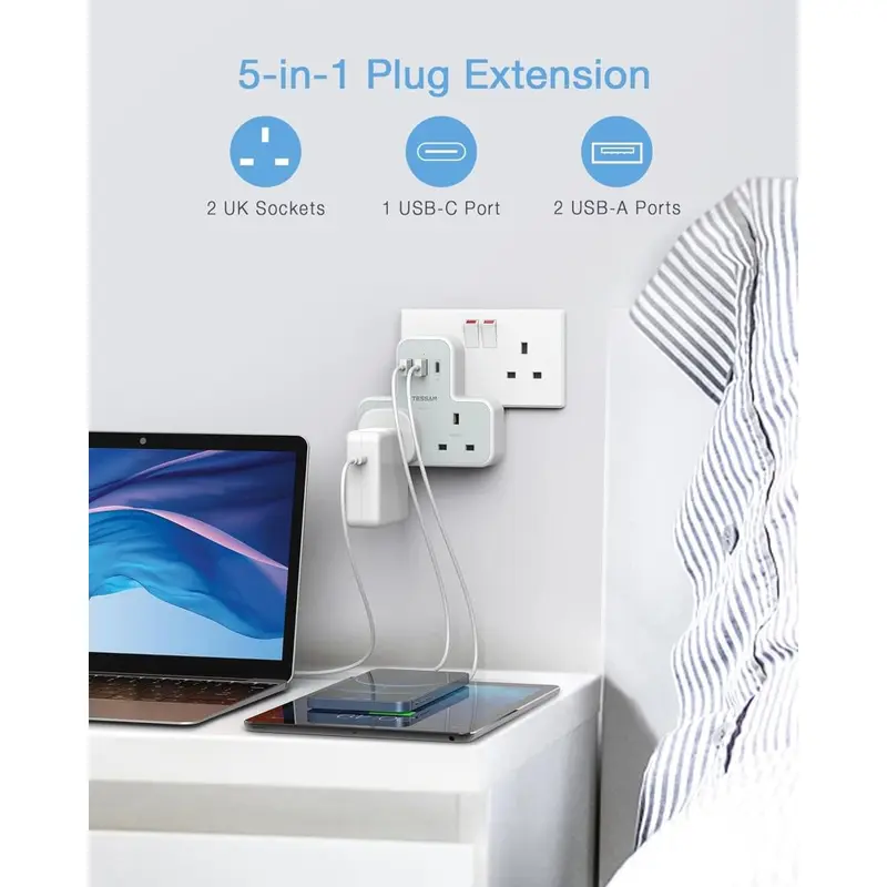 C Charger Plug Adapter UK, TESSAN Double Plug Extension Socket with Fast Charger, Multi USB Charging Station, MultiPlug Extender Compatible for Kitchen, School Supplies 1