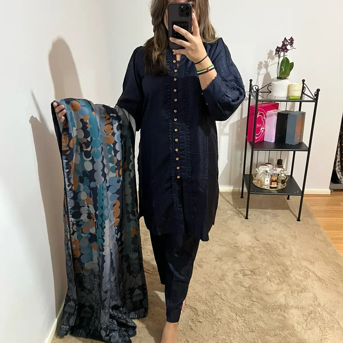 3piece Viscose Jacquard Co Ord with Digital Print Dupatta- Navy