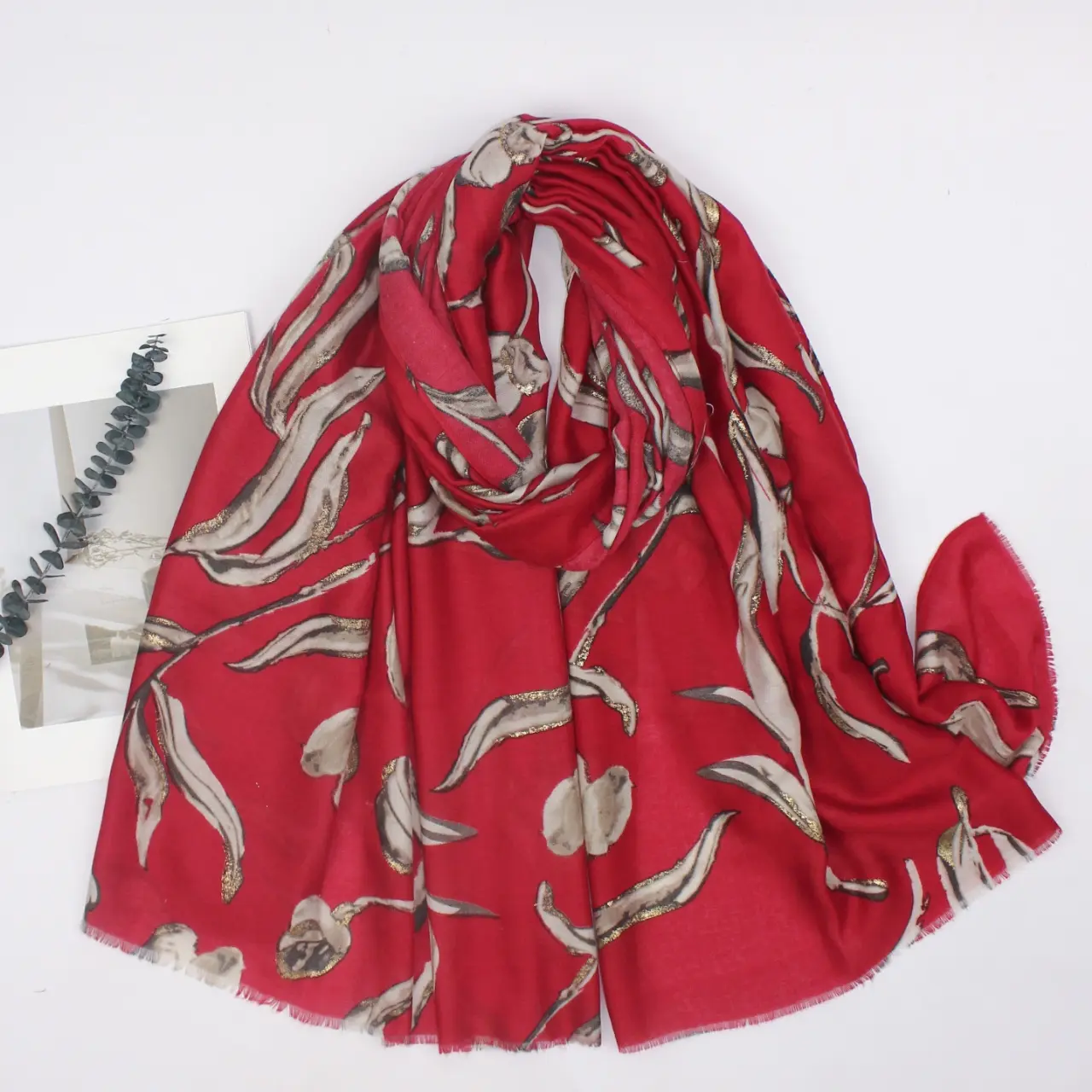 [UK Seller]Anglo Winter Tassel Scarf Women--Cotton Blend Tulip Flower with Gold Shawl,Hijabs and Wraps,Lightweight Neck Warmer Fashion Accessories Gift for Friends,Family