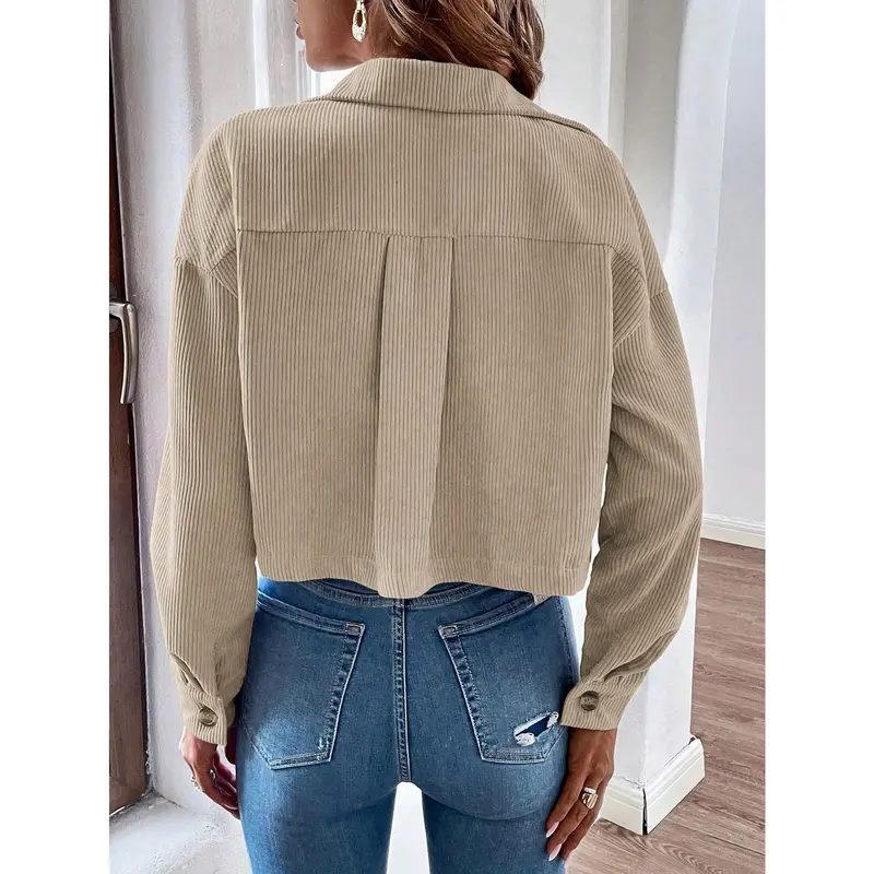 Franclia Flap Pocket Drop Shoulder Crop Corduroy Jacket Fit Long Sleeve 1