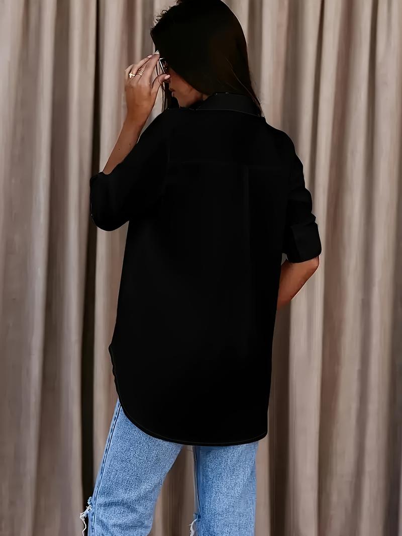 Product Introduction of Solid Button Front Shirt, Casual Turn Down Collar Office Work Shirt, Women's Clothing 4