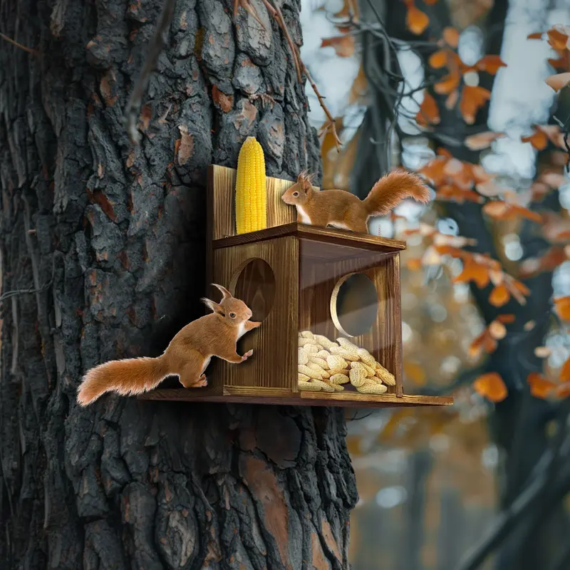 Wood Squirrel Feeder Box for Backyard Garden, Durable Wall Hanging House, Carbonized Wood, Chinchilla Feeder Box 1