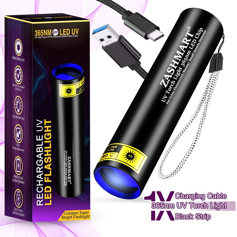 ZASHMART UV Torch 365nm Rechargeable Ultraviolet Light for Pet Urine Detection and Identification of Stains - UV Light For Pet Urine Detection | 3W USB Type C-Cable Rechargeable Torch | Mini Black Light Money Detector | Torch For Outdoor Indoor Use. 1