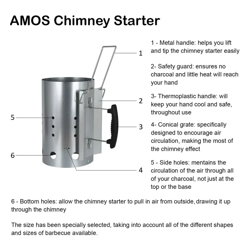 AMOS Charcoal Chimney Grill Barbecue BBQ Charcoal Briquettes Charcoal Quick Starter Galvanised Steel Camping Barbecue Lighting Kit with Heat Shield Safety Handle and Thermoplastic Handle 3