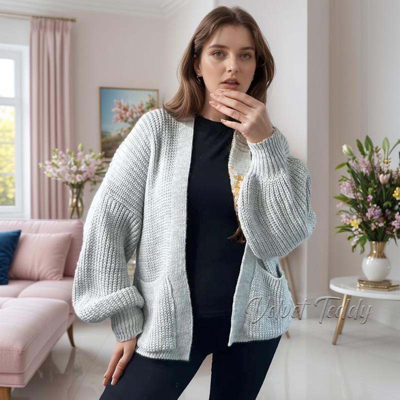 Elegance Long Balloon Sleeve Cardigan Pocket Knitted Open Cropped Cardigan Ladies Oversized Cardigan Plus Size 5