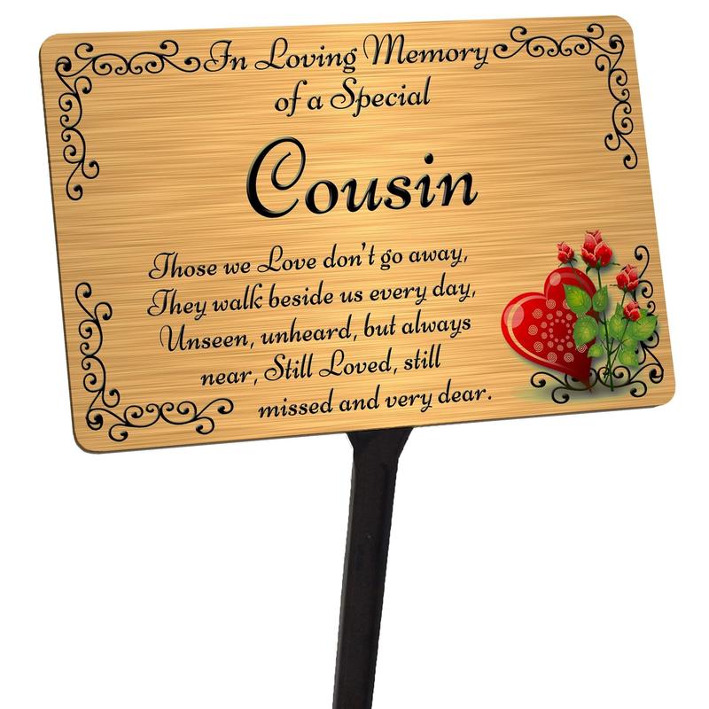 Cousin Memorial Plaque & Stake. Brushed Silver or Gold 1