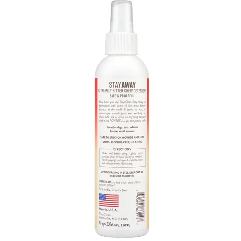TropiClean Stay Away Chew Determent Spray 236ml - TropiClean Stay Away tastes so bitter, it discourages animals from ever wanting to chew, bite, lick or gnaw on something coated with it - fragrance-free and effective, yet completely natural and safe. 1