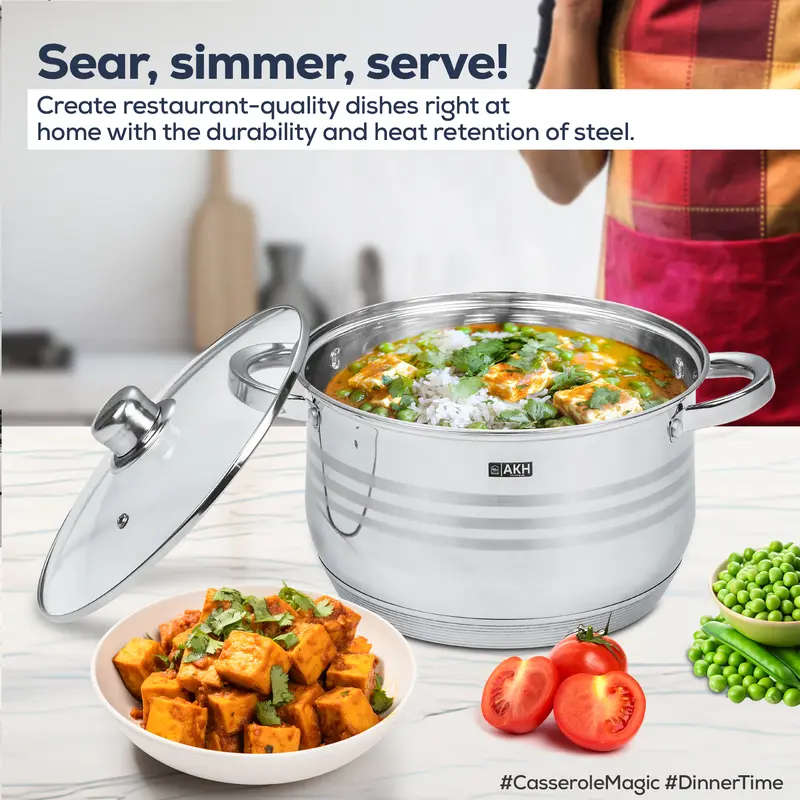 AKH HOUSEWARE Stock Pot Casserole Dish Cooking Pot with Lid Set of 5-20/22/24/26/28cm Large Heavy Duty Stainless Steel Stockpot with Lid & Silver Mirror Coated Cookware Set (Set of 5) 5