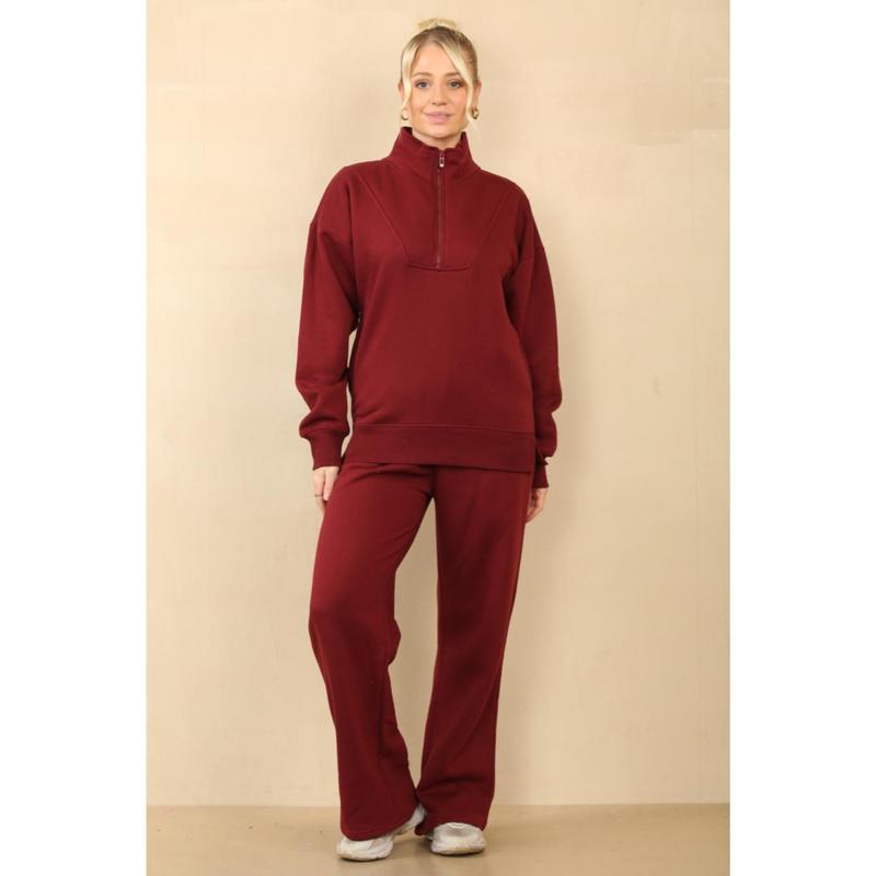 Women's 1/2 Zip Fleece Co-ord Set - Sweatshirt & Wide Leg Joggers with Pockets - Womenswear, Suits Minimalist Basic Suits Comfort Long Sleeve Casual Casual 6