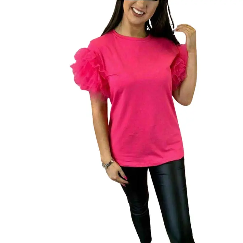 Womens Ladies Tulle Scoop Neck Frill Mesh Puff Short Sleeve Party Tee TShirt Top 3