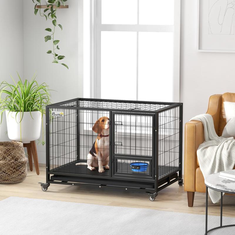 PawHut Heavy Duty Dog Crate on Wheels w/ Bowl Holder, Removable Tray, Openable Top, Detachable Door, for L, XL Dogs 1