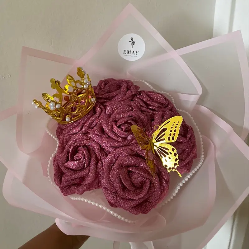 Pink Glitter Roses with Gold Butterfly and Crown - Perfect Birthday, Anniversary, or Valentine's Gift - Decor, Decorative Bouquet Pearl