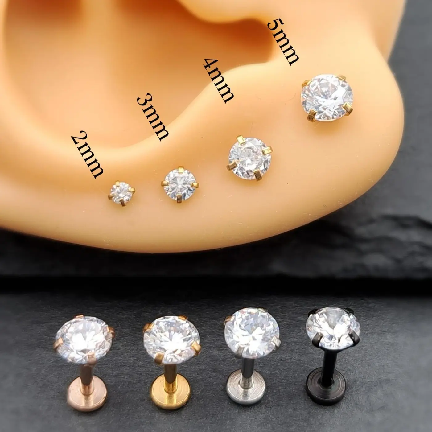 Minimalist Round CZ Earrings with Flat Labret Back, Simple Gold, Silver, Black Surgical Steel, Internal Threaded for Secure Fit | Hypoallergenic Dainty Cubic Zirconia Studs, Jewellery for Lobe, Cartilage, Tragus, Durable, Stylish & Ideal for Everyday Wear