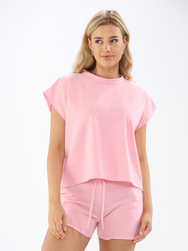Ladies 2 Piece Top & Short Co-Ord Sets Women Short Sleeve Boxy Loungewear Joggers Tracksuits Girls Lounge Wear Suit Casual Plain Pockets Crew Neck Activewear Loungesuit 2Pcs 5