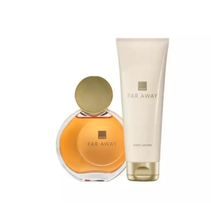 Far Away Duo - the oriental and floral scented set of perfume and a matching body lotion. Filled with notes of peach and freesia; orange and jasmine flowers; and Madagascan vanilla, sandalwood and amber.
